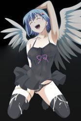 Rule 34 | 1girl, absurdres, angel, black background, black dress, black panties, black thighhighs, blue hair, breasts, closed eyes, covered erect nipples, dress, female focus, highres, kneeling, large breasts, nanael (queen&#039;s blade), nipples, open mouth, panties, polka dot, polka dot panties, queen&#039;s blade, screencap, see-through, short hair, simple background, smile, solo, stitched, suggestive fluid, thigh strap, thighhighs, third-party edit, underwear, wings