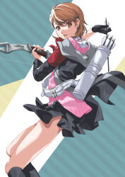 Rule 34 | 1girl, absurdres, arrow (projectile), black gloves, black jacket, black skirt, black socks, bow, bow (weapon), bowtie, brown eyes, brown hair, cardigan, choker, collared shirt, commentary request, earrings, feet out of frame, from side, gekkoukan high school uniform, gloves, hand up, highres, holding, holding arrow, holding bow (weapon), holding weapon, jacket, jewelry, kinohanayou, looking at viewer, looking to the side, miniskirt, open clothes, open jacket, open mouth, persona, persona 3, persona 3 reload, pink cardigan, pleated skirt, red bow, red bowtie, school uniform, shirt, short hair, single glove, skirt, socks, solo, stud earrings, takeba yukari, weapon, white choker, white shirt