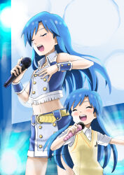 2girls aged_down belt belt_buckle blue_hair blush buckle closed_eyes collared_shirt commentary_request cowboy_shot crying dual_persona idol idolmaster idolmaster_(classic) jewelry kisaragi_chihaya long_hair microphone midriff miri_(ago550421) multiple_girls music musical_note navel necklace open_mouth pencil_skirt shirt short_sleeves singing skirt sleeveless stage stage_lights standing sweater_vest teeth upper_teeth_only white_shirt wristband yellow_sweater_vest