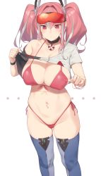 Rule 34 | 1girl, absurdres, azur lane, bikini, bikini pull, black choker, blue thighhighs, blush, bracelet, breasts, bremerton (azur lane), brown hair, choker, cleavage, clothes lift, clothes pull, commentary request, covered erect nipples, dress, dress lift, ear piercing, enosan, eyewear on head, front-tie top, groin, hair between eyes, hair ornament, hairclip, highleg, highleg bikini, highres, jewelry, large breasts, lifted by self, long hair, mole, mole on breast, mole under eye, multicolored hair, nail polish, navel, navel piercing, parted lips, piercing, pink bikini, pink eyes, pink hair, pulled by self, purple thighhighs, side-tie bikini bottom, sidelocks, simple background, solo, standing, streaked hair, swimsuit, thighhighs, twintails, two-tone legwear, white background