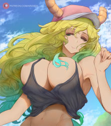 Rule 34 | 1girl, araneesama, blonde hair, blush, breasts, censored, censored nipples, cleavage, closed mouth, convenient censoring, female focus, gradient hair, green eyes, green hair, hair censor, hat, horns, kobayashi-san chi no maidragon, large breasts, looking at viewer, lucoa (maidragon), multicolored eyes, multicolored hair, no bra, signature, smile, solo, tank top, thighs, yellow eyes