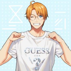 Rule 34 | 1boy, ahoge, america (hetalia), axis powers hetalia, blonde hair, blue eyes, blurry, blurry background, clothes writing, dotted background, glasses, grin, male focus, one eye closed, pointing, pointing at viewer, shiny clothes, shirt, smile, to@st, upper body, white shirt