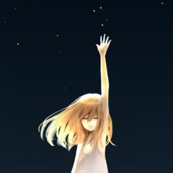 Rule 34 | 1girl, arm up, bare shoulders, blonde hair, closed eyes, koneko mari, night, open mouth, reaching, sky, solo, source request, tagme, tears