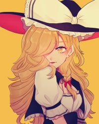 Rule 34 | 1girl, black dress, blonde hair, blunt bangs, bow, braid, breasts, commentary request, dress, earrings, eyebrows, eyelashes, frilled dress, frills, hair bow, hair over one eye, hat, hat bow, highres, jewelry, kirisame marisa, lips, long hair, looking at viewer, nose, open mouth, parted lips, puffy sleeves, red bow, side braid, simple background, single braid, small breasts, solo, standing, touhou, twisted torso, uchisaki himari, upper body, wavy hair, white bow, witch hat, yellow background, yellow eyes