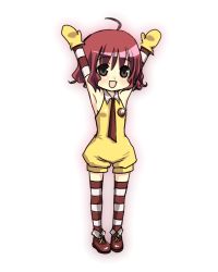 Rule 34 | 1girl, ahoge, armpits, bad id, bad pixiv id, binega~a, cosplay, elbow gloves, gloves, lowres, mcdonald&#039;s, necktie, open mouth, ran ran ru, red hair, ronald mcdonald, ronald mcdonald (cosplay), smile, solo, striped clothes, striped thighhighs, thighhighs, vinegar