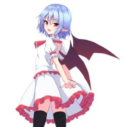 Rule 34 | 1girl, :d, ascot, backless dress, backless outfit, bat wings, black thighhighs, blue hair, blush, cowboy shot, dress, eyebrows, eyelashes, frilled dress, frilled sleeves, frills, from behind, junior27016, looking at viewer, open mouth, outstretched arms, pointy ears, puffy short sleeves, puffy sleeves, red eyes, remilia scarlet, short hair, short sleeves, simple background, smile, solo, spread fingers, standing, thighhighs, touhou, tsurime, vampire, white background, wings, zettai ryouiki