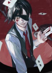 1boy, 2others, absurdres, black footwear, black hair, bleeding, blood, blood on face, card, earlgrey3183, earrings, english text, eyepatch, grin, highres, holding, holding card, jewelry, lip piercing, looking at viewer, male focus, multiple others, necktie, on floor, orange eyes, original, parted lips, piercing, pool of blood, puddle, red neckwear, smile, solo focus, speech bubble