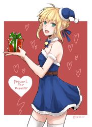 Rule 34 | 1girl, :d, artoria pendragon (all), artoria pendragon (fate), bad id, bad pixiv id, bare shoulders, bell, blonde hair, blue dress, blue nails, blue ribbon, blush, box, collar, cowboy shot, dress, english text, fate/stay night, fate (series), gift, gift box, green eyes, hair ribbon, hat, heart, heart background, looking at viewer, nail polish, neck bell, official alternate costume, open mouth, orii (orii i), ribbon, saber (fate), santa costume, santa hat, short hair, sidelocks, sleeveless, smile, solo, thighhighs, twitter username, white thighhighs