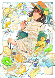 Rule 34 | 1girl, absurdres, black hair, boater hat, brown eyes, brown headwear, brown kimono, buchi (qooo003), commentary request, food, from side, fruit, hair between eyes, hand up, highres, holding, holding food, ice cream, japanese clothes, kimono, lemon, lemon slice, long sleeves, looking at viewer, looking to the side, nail polish, obi, original, sash, solo, water, wide sleeves, yellow nails