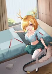 Rule 34 | 1girl, absurdres, antlers, blonde hair, blue shirt, breasts, cleavage, dragon girl, dragon horns, dragon tail, highres, horns, kicchou yachie, large breasts, navel, open mouth, qinyuzhen, red eyes, shirt, short hair, smile, solo, tail, touhou, yellow horns