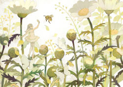 Rule 34 | 1girl, barefoot, bee, braid, bug, butterfly, dress, fairy, fairy wings, flower, holding, holding flower, bug, leaf, long hair, original, outdoors, plant, pointy ears, solo, standing, strapless, strapless dress, tono (rt0no), waving, white dress, white hair, wings