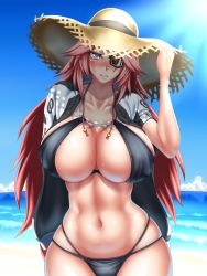 Rule 34 | 1girl, arm up, baiken, beach, bikini, black bikini, blush, breasts, cleavage, collarbone, curvy, day, eyepatch, goggles, guilty gear, guilty gear xrd, hat, highres, hip focus, large breasts, lens flare, long hair, looking at viewer, navel, parted lips, pink hair, revision, shadow, solo, straw hat, sun, swimsuit, tama (tamakaka1031), very long hair, wide hips