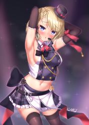 Rule 34 | 1girl, absurdres, armpits, arms behind head, arms up, artist name, azur lane, bare shoulders, black hat, blonde hair, blush, bow, breasts, brown gloves, brown thighhighs, collared shirt, commentary request, cowboy shot, cross, elbow gloves, frilled skirt, frills, gloves, gmkj, grey shirt, grey skirt, hair bow, hat, hat bow, headset, highres, iron cross, latin cross, looking at viewer, medium breasts, midriff, mini hat, navel, parted lips, plaid, plaid headwear, plaid skirt, pleated skirt, purple eyes, red bow, shirt, sideboob, skirt, sleeveless, sleeveless shirt, solo, sparkle, star (symbol), thighhighs, tilted headwear, z23 (azur lane), z23 (serious idol @acting manager?!) (azur lane)