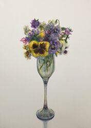 Rule 34 | bouquet, champagne flute, commentary request, cup, drinking glass, flower, highres, no humans, original, painting (medium), pansy, purple flower, purple pansy, realistic, revision, simple background, still life, tokunaga aoi, traditional media, watercolor (medium), white background, yellow flower, yellow pansy
