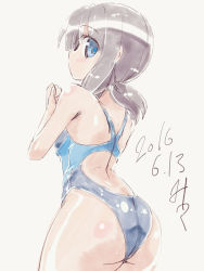 Rule 34 | 10s, 1girl, 2016, ass, black hair, blue eyes, competition swimsuit, dated, from behind, fubuki (kancolle), kantai collection, low ponytail, miuku (marine sapphire), one-piece swimsuit, ponytail, short hair, solo, swimsuit