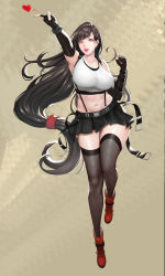 Rule 34 | 1girl, absurdres, arm guards, bare shoulders, black hair, black skirt, black thighhighs, breasts, brown hair, cleavage, collarbone, crop top, curvy, elbow gloves, final fantasy, final fantasy vii, final fantasy vii remake, fingerless gloves, full body, gloves, highres, large breasts, long hair, looking at viewer, low-tied long hair, nail polish, navel, open mouth, pleated skirt, red eyes, red footwear, skirt, smile, solo, stomach, suspender skirt, suspenders, tank top, thighhighs, thighs, tifa lockhart, toned, very long hair, weiyou xie, wide hips