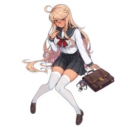 Rule 34 | 1girl, ahoge, alma armas, bag, black skirt, blonde hair, breasts, brown footwear, closed mouth, crossover, dark-skinned female, dark skin, full body, girls&#039; frontline, glasses, guest character, guest fighter, jill stingray, large breasts, loafers, long hair, long sleeves, looking at viewer, neckerchief, official alternate costume, official art, pleated skirt, red neckerchief, school bag, school uniform, serafuku, shoes, skirt, solo, terras, thighhighs, transparent background, va-11 hall-a, white thighhighs