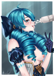 Rule 34 | 1girl, absurdres, ahoge, black bow, black dress, black gloves, blush, border, bottle, bow, breasts, bwcloud, detached sleeves, dress, drill hair, gloves, glowing, green hair, grey background, grey dress, gwen (league of legends), hair bow, hair over shoulder, heart, highres, league of legends, long hair, looking at viewer, medium breasts, milk, milk bottle, nipples, puffy short sleeves, puffy sleeves, shiny clothes, short sleeves, sideways glance, signature, solo, suggestive fluid, tongue, tongue out, twin drills, upper body, v, white border