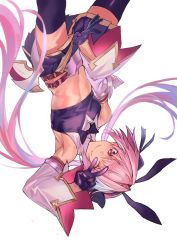 Rule 34 | 1boy, animal ears, armpits, astolfo (fate), astolfo (saber) (fate), bishounen, black bow, black bowtie, black gloves, black ribbon, black thighhighs, bow, bowtie, crop top, detached sleeves, fang, fate/grand order, fate (series), gloves, hair intakes, highres, hiro (hirohiro gorira), layered skirt, looking at viewer, low twintails, male focus, multicolored hair, one eye closed, pink hair, rabbit ears, ribbon, simple background, skin fang, skirt, solo, stomach, streaked hair, thighhighs, toned, toned male, twintails, upside-down, v, white background, white hair, wide sleeves