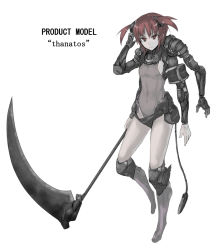 Rule 34 | 1girl, bad id, bad pixiv id, cyborg, extra arms, multi arm, multi limb, original, prosthesis, red eyes, red hair, scythe, serious, short hair, short twintails, sigama, simple background, solo, twintails, weapon, white background