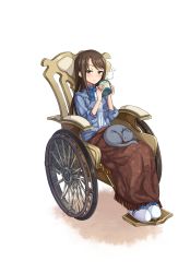 Rule 34 | 1girl, animal, animal on lap, black cat, blanket, blue bow, blush, bow, brown eyes, brown hair, cat, cat on lap, cup, full body, highres, long hair, looking at viewer, mug, official art, on lap, plaid blanket, princess principal, princess principal game of mission, shirley collins, shoes, sitting, solo, steam, transparent background, wheelchair, white footwear
