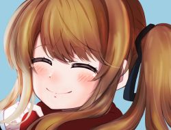 Rule 34 | 1girl, assault lily, black ribbon, blue background, blush, brown hair, closed eyes, closed mouth, commentary request, hair between eyes, hair over shoulder, hair ribbon, highres, kuo shenlin, portrait, red scarf, ribbon, scarf, side ponytail, smile, solo, tatsuki2820