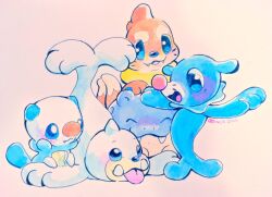 Rule 34 | animal focus, blue eyes, blush, buizel, creatures (company), dated, facial mark, fang, freckles, game freak, gen 1 pokemon, gen 3 pokemon, gen 4 pokemon, gen 5 pokemon, gen 7 pokemon, horns, materiamatters, nintendo, no humans, oshawott, pokemon, pokemon (creature), popplio, seel, signature, single horn, smile, spheal, tongue, tongue out, traditional media, whisker markings
