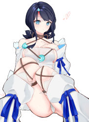 Rule 34 | 1girl, absurdres, artist request, bare shoulders, black hair, blue eyes, blue ribbon, blush, breasts, closed mouth, collarbone, detached leggings, dress, fate/grand order, fate/requiem, fate (series), fundoshi, hand on own chest, highres, japanese clothes, jewelry, knees up, large breasts, long sleeves, looking at viewer, magatama, magatama hair ornament, medium hair, multicolored hair, necklace, pink hair, puffy long sleeves, puffy sleeves, ribbon, short dress, sideboob, sideless outfit, simple background, sitting, streaked hair, thighs, utsumi erice, white background, white dress, white legwear