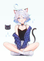 1girl adelie_cat ahoge alternate_costume animal_ear_fluff animal_ears black_camisole blue_eyes blue_jacket camisole cat_ears cat_girl cat_tail cross-laced_footwear crossed_legs drop-shaped_pupils full_body furina_(genshin_impact) genshin_impact hair_between_eyes heterochromia highres jacket kemonomimi_mode looking_at_viewer off_shoulder open_mouth shoes short_hair shorts sitting socks solo symbol-shaped_pupils tail twitter_username white_footwear white_socks