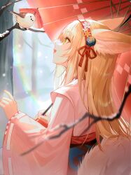 Rule 34 | 1girl, animal ear fluff, animal ears, arknights, bare tree, bird, chinese commentary, commentary, cowboy shot, flower, fox ears, fox girl, fox tail, green eyes, hair flower, hair ornament, hairband, highres, holding, holding umbrella, japanese clothes, kernel killer, kimono, long hair, obi, oil-paper umbrella, open mouth, outdoors, pink kimono, red hairband, red umbrella, sash, solo, standing, suzuran (arknights), suzuran (yukibare) (arknights), tail, tree, umbrella, wide sleeves