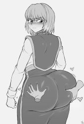 Rule 34 | 1boy, 2others, ass, ass grab, back, blackwhiplash, blush, clothes, grabbing, grabbing from behind, heart, highres, huge ass, hunter x hunter, kurapika, looking back, medium hair, multiple others, pov, pov hands, simple background, white background