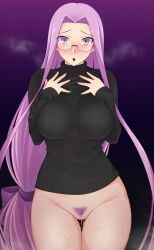 Rule 34 | 1girl, :o, black sweater, blush, bottomless, breasts, breath, cowboy shot, eyes visible through hair, fate/stay night, fate (series), female pubic hair, glasses, gradient background, hands on own chest, impossible clothes, impossible sweater, large breasts, lips, long hair, looking at viewer, low-tied long hair, medusa (fate), medusa (rider) (fate), namidame, pubic hair, purple background, purple eyes, purple hair, pussy juice, solo, square pupils, standing, sweatdrop, sweater, thigh gap, turtleneck, turtleneck sweater, very long hair