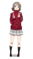 Rule 34 | 1girl, black legwear, blue eyes, blush, brown footwear, brown hair, full body, grey skirt, hand in pocket, loafers, looking at viewer, love live!, love live! sunshine!!, miniskirt, ojyomu, open mouth, pleated skirt, red sweater, shoes, short hair, simple background, skirt, solo, standing, sweater, v, watanabe you, white background