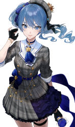 Rule 34 | 1girl, ascot, belt, belt buckle, beret, blue eyes, blue hair, bow, buckle, choker, commentary, cowboy shot, crown, dress, earrings, ekao, frills, gloves, grey hat, hair ribbon, hat, highres, hololive, hoshimachi suisei, hoshimachi suisei (1st costume), idol clothes, jewelry, looking at viewer, microphone, mini crown, partially fingerless gloves, plaid, plaid dress, plaid headwear, ribbon, side ponytail, simple background, skirt, solo, star (symbol), star in eye, symbol in eye, thigh strap, virtual youtuber, white background