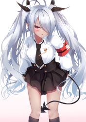 Rule 34 | 1girl, absurdres, adjusting skirt, armband, blue archive, collared shirt, commentary request, dark skin, demon girl, demon tail, grey hair, hair over one eye, hair ribbon, halo, highres, iori (blue archive), long hair, long sleeves, looking at viewer, miso (misomiso 154), necktie, pleated skirt, red eyes, ribbon, school uniform, sharp teeth, shirt, sidelocks, simple background, skirt, solo, tail, teeth, twintails, white background