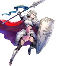 Rule 34 | 1girl, alternate costume, armor, asatani tomoyo, bodysuit, bodysuit under clothes, breastplate, cape, closed mouth, dress, effie (fire emblem), fire emblem, fire emblem fates, fire emblem heroes, full body, gauntlets, green eyes, grey hair, hair bun, highres, holding, holding polearm, holding weapon, leg up, looking away, nintendo, non-web source, official art, pelvic curtain, polearm, red cape, sandals, shield, shiny clothes, short dress, shoulder armor, single hair bun, solo, spear, teeth, toeless footwear, toes, transparent background, weapon