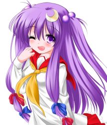 Rule 34 | 1girl, alternate costume, blush, crescent, crescent hair ornament, fang, female focus, hair ornament, highres, long hair, minaha (playjoe2005), multi-tied hair, one eye closed, patchouli knowledge, purple eyes, purple hair, school uniform, smile, solo, touhou, twintails, two side up, wink