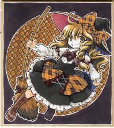Rule 34 | 1girl, apron, bamboo broom, black dress, blonde hair, boots, braid, broom, dress, female focus, grin, hair ribbon, hat, hat ribbon, kirisame marisa, ribbon, shirt, smile, socha, solo, touhou, wild and horned hermit, witch, witch hat, yellow eyes