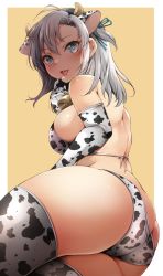 Rule 34 | 1girl, animal ears, animal print, ass, bell, bikini, blue eyes, border, breasts, butt crack, cow ears, cow horns, cow print, cowbell, elbow gloves, fake animal ears, fake horns, gloves, grey hair, horns, kantai collection, kinugasa (kancolle), large breasts, licking, licking finger, looking at viewer, medium hair, outside border, sawamura aoi, solo, swimsuit, thighhighs, two-tone bikini, white border, yellow background