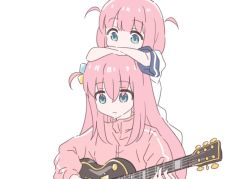 Rule 34 | 2girls, blue eyes, bocchi the rock!, closed mouth, commentary request, cube hair ornament, dress, electric guitar, gibson les paul, gotoh futari, gotoh hitori, guitar, hair between eyes, hair ornament, hair over eyes, highres, holding, holding instrument, instrument, jacket, long hair, looking down, multiple girls, o kudake, one side up, pink hair, pink jacket, sailor dress, short hair, short sleeves, siblings, simple background, sisters, track jacket, two side up, white background, white dress