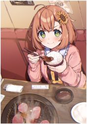 Rule 34 | 1girl, :t, absurdres, ahoge, blush, border, bowl, breasts, brown hair, chopsticks, closed mouth, commentary, dutch angle, eating, flower, food, frilled shirt collar, frills, from above, glint, green eyes, hair between eyes, hair flower, hair ornament, highres, holding, holding bowl, holding chopsticks, honma himawari, long sleeves, looking at viewer, meat, nijisanji, pink sweater, rice, short hair, sitting, small breasts, solo, soy sauce, sunflower, sunflower hair ornament, sweater, symbol-only commentary, symbol-shaped pupils, table, upper body, v-shaped eyebrows, virtual youtuber, wall, white border, yumesaki nana