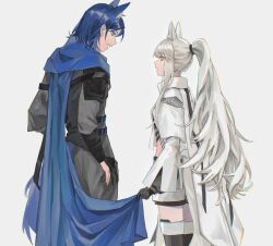 Rule 34 | 1boy, 1girl, animal ear fluff, animal ears, arknights, black gloves, black pants, black shirt, blue cape, blue hair, cape, cape tug, chinese commentary, chromatic aberration, commentary request, cowboy shot, gloves, grey background, height difference, high collar, highres, kinno0515, long hair, long sleeves, looking at another, open mouth, pants, platinum (arknights), ponytail, profile, roy (arknights), shirt, short hair, shorts, simple background, standing, strap, white hair, white shorts, yellow eyes