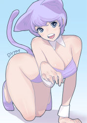 Rule 34 | 1girl, :d, all fours, animal ears, ass, bare shoulders, blue eyes, breasts, cat ears, cat tail, cleavage, dytm, highres, kittysuit, kneehighs, leotard, looking at viewer, medium breasts, nontraditional playboy bunny, open mouth, original, purple hair, short hair, smile, socks, solo, tail, teeth, wrist cuffs