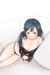 Rule 34 | 1girl, :o, artist name, artist request, bare legs, black hair, black sweater, blue hair, blush, breasts, cleavage, collarbone, dark blue hair, female focus, grey eyes, hair ornament, hairclip, highres, long hair, long sleeves, looking at viewer, love live!, love live! nijigasaki high school idol club, medium breasts, parted lips, pillow, ponytail, side ponytail, smile, solo, sweatdrop, sweater, thighhighs, triangle hair ornament, white background, yuki setsuna (love live!)
