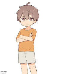 Rule 34 | 1boy, ahoge, arakokra, artist name, brown eyes, brown hair, child, closed mouth, cowboy shot, crossed arms, dated, hair between eyes, highres, male focus, orange shirt, original, pout, shirt, short hair, shorts, simple background, solo, white background