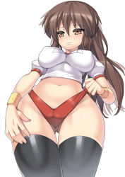 Rule 34 | 1girl, black thighhighs, blush, breasts, brown eyes, brown hair, buruma, covered erect nipples, from below, genderswap, genderswap (mtf), gym uniform, highleg, hip focus, impossible clothes, impossible shirt, kyonko, large breasts, long hair, nagase haruhito, navel, no bra, open mouth, ponytail, school uniform, shirt, simple background, skindentation, solo, suzumiya haruhi no yuuutsu, thigh gap, thighhighs, white background, wide hips, wristband