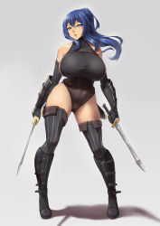 Rule 34 | 1girl, bare shoulders, black gloves, black thighhighs, blue eyes, blue hair, boots, breasts, commentary, commission, dual wielding, elbow gloves, full body, gloves, gradient background, grey background, hair between eyes, highres, holding, huge breasts, leotard, long hair, original, packge, ponytail, shadow, sideboob, solo, standing, thick thighs, thigh boots, thighhighs, thighs, zettai ryouiki