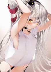 Rule 34 | 1girl, amatsukaze (kancolle), armpits, blouse, blush, breasts, closed mouth, collarbone, gradient background, hair between eyes, hair tubes, hands in hair, highres, irokiiro, kantai collection, long hair, navel, shirt, short sleeves, silver hair, small breasts, solo, two side up, upper body, white shirt, yellow eyes