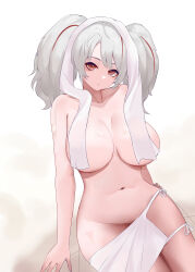 Rule 34 | 1girl, absurdres, arms behind back, azur lane, breasts, expressionless, from above, groin, hair between eyes, highres, hip focus, large breasts, long hair, looking at viewer, looking up, multicolored hair, naked towel, navel, obniermarbiss, on floor, orange eyes, prinz adalbert (azur lane), prinz adalbert (bathroom slip up) (azur lane), red hair, sitting, staring, streaked hair, towel, towel around neck, towel on head, twintails, two-tone hair, white hair, white towel