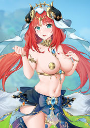 Rule 34 | 1girl, absurdres, armlet, breasts, circlet, floating hair, forehead jewel, genshin impact, gold, gold bracelet, green eyes, hands up, highres, horns, jewelry, large breasts, long hair, looking at viewer, low twintails, navel, neck ring, nilou (genshin impact), parted lips, pasties, red hair, solo, stomach, thighlet, topless, twintails, veil, yiler